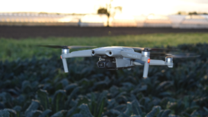 Drone in flight over farm after crop walks